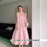 Miyake pink bud long dress temperament loose and thin fairy skirt seaside vacation sleeveless vest dress female summer