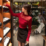 2025 popular winter new temperament stand-up collar mesh bottoming shirt women's versatile and thin top tide 89251