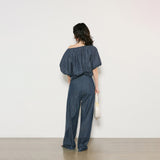 One-word shoulder short-sleeved bubble-sleeved short top, retro casual dark blue floor-mopping trousers B0138 casual suit