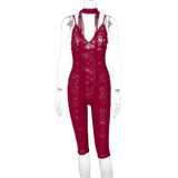 HULIANFU 2025 hot-selling new sexy tight lace suspender backless street style streamer five-point jumpsuit female hair