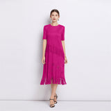 Miyake popular summer new women's dress short-sleeved fringed long dress fashionable and thin Popular pleated skirt