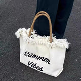 HULIANFU 2025 Bag women's new Korean embroidered letters large-capacity commuter bag fringed canvas bag shoulder tote women's bag