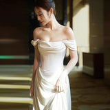 2025 one-word shoulder light wedding dress bridal high sense white simple satin dress temperament light luxury slim fishtail dress