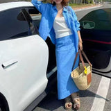 2025 Lazy wind linen blue suit women's spring simple intellectual sunscreen shirt skirt casual two-piece set