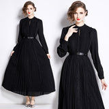Premium temperament black dress women's belt lace long dress round neck pleated skirt dress dress long sleeve skirt spring