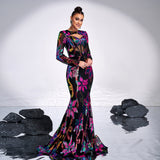 2025 long-sleeved crew neck sexy hollow long sequin banquet fishtail evening dress bridesmaid dress women