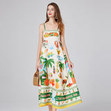 Real shot, summer new product printed rubber band elastic vest pocket dress, big pendulum A-shaped skirt versatile