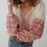 2025 early spring new bohemian embroidered lace-up cotton long-sleeved shirt