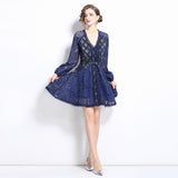 Light luxury court style bubble sleeve dress women's heavy industry hollow crochet design chic temperament medium and long skirt
