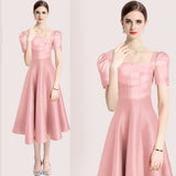Hepburn style temperament solid color pleated waist slim fit big hem solid color square neck dress dress summer