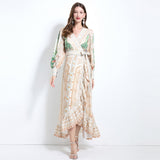 women's clothing spring and summer  court style cross-neck positioning printed lace-up waist ruffle edge dress