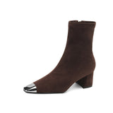 2025  Small short boots women's thick heel sweet cool wind commuter suede thin boots metal square head niche design elastic boots