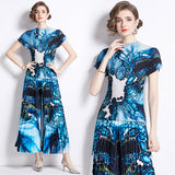 popularT-shirt women's new high-end niche age-reducing suit pleated versatile top loose and thin pleated pants