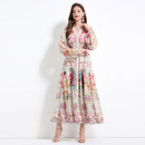 Positioning printed dress women's 2025 spring vacation style waist and thin temperament single-breasted big pendulum 2025 long dress