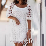 HULIANFU popular New fashion  new wishOL temperament women's clothing lace crew neck white medium and long dress dress