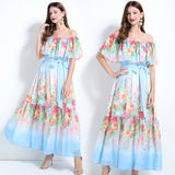 celebrities have a high sense of temperament, one-word shoulder ruffle edge splicing waist and thin elegant printed chiffon dress