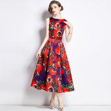 Celebrity high-end printed vest dress women's summer dress new waist and thin temperament elegant big swing dress dress