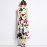 Fashion, light and mature style, celebrity temperament, sleeveless round neck, waist and thin A-shaped three-dimensional tailoring printed big pendulum dress