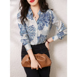 2025 floral printing lapel silk shirt women's long sleeves loose large size mulberry silk top temperament silk shirt