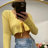 HULIANFU 24 autumn new New 2025 sexy V-neck lace-up cardigan slim-fitting short navel pit strip knitted top women