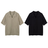 232 n retro high-end street lazy hollow design knitted sweater loose men's lapel short-sleeved T-shirt