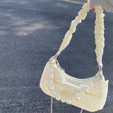 HULIANFU 2025 Hot light luxury pleated armpit bag women's summer  super fire bow pearl chain bag crossbody shoulder bag