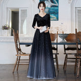 2025 Starry sky gradual change velvet evening dress  new large size fat mm senior banquet host performance uniform command uniform
