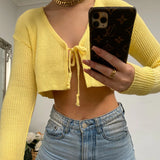 HULIANFU 24 autumn new New 2025 sexy V-neck lace-up cardigan slim-fitting short navel pit strip knitted top women