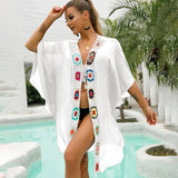 2025New Popularan beautiful women one-piece v-neck crochet splicing beach dress one size medium sleeve sunscreen blouse