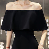 2025 Black evening dress skirt banquet temperament one-word shoulder thin long dress annual meeting high-end light luxury niche graduation dress