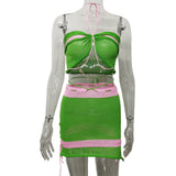 HULIANFU New summer new 2025 style contrasting color pearl neck sleeveless chest wrapping knitted sexy hip skirt knitted suit women