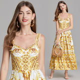 Majorica print positioning suspender slim waist dress, back rubber band A-shaped dress looks thin and fashionable