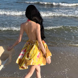 2025 Sexy deep V backless yellow floral suspender skirt summer seaside vacation dress travel wear beach skirt