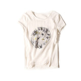 2025 grey silk splicing, texture printed T-shirt, short-sleeved versatile crew neck summer women's top [discounted price]