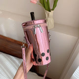 HULIANFU 2025 High-value milk tea cup bag women's summer new metal patent leather polka dot bucket bag ins wind cute messenger bag
