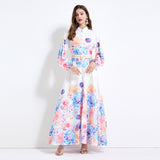 2025 new niche court  dress with waist and thin lantern sleeves single-breasted long printed dress