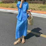 2025 Lazy wind linen blue suit women's spring simple intellectual sunscreen shirt skirt casual two-piece set