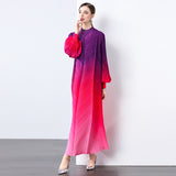 Miyake gradual change color pleated bud sleeves long dress women's pullover long sleeves pleated elegant temperament a word pleated dress