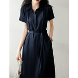 2025 Heavy mulberry silk  temperament shirt skirt high-end silk dress  women's new long skirt summer