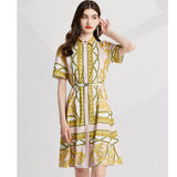 Baroque print three kinds of diamond-encrusted metal buckle elastic belt removable double door tube shirt dress with pockets