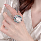 2025 Emerald sunflower pearl ring female heavy industry zircon inlaid high sense celebrity elegant bead open ring