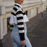 HULIANFU popular new autumn clothing  fashion round neck long-sleeved knitted slim-fitting splicing striped short outer cardigan