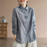 summer new literary and retro temperament fine plaid shirt women's large size wind embroidery national style buckle top