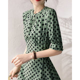 2025 Double crepe mulberry silk dress, polka dot printing green tone skirt  new summer women's clothing wholesale