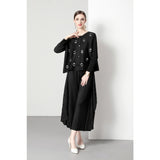 Miyake three-dimensional flower decoration versatile pleated cardigan top plus irregular loose pleated pants fashion suit