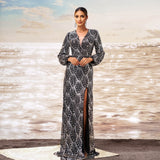 2025 new high-end long-sleeved V-neck banquet sequined hip-wrapped split evening dress bridesmaid dress women