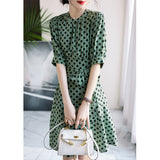 2025 Double crepe mulberry silk dress, polka dot printing green tone skirt  new summer women's clothing wholesale