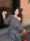 2025 Thirteen Lines popular Autumn and Winter New Temperament ins Rose Off-Shoulder Knitted Sweater Versatile Top Women 25179