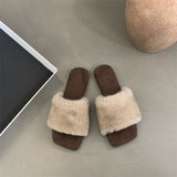 2025  Retro leopard print square head fluffy slippers women's outer wear popular autumn new temperament fluffy lazy one-word cotton drag
