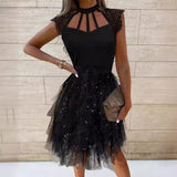 HULIANFU popular New new black fashion temperament scarf collar mid-waist short skirt perspective mesh dress